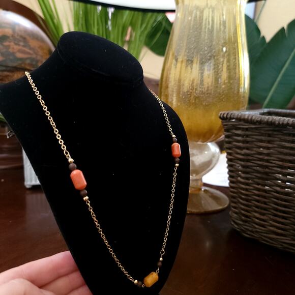 Vintage Gold Chain Necklace with Amber Yellow and Orange Beads Retro 1970s Style - Picture 4 of 10